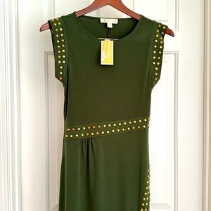 Michael Kors Dress Size XS Olive Green Gold Suds Short Sleeves Studded Slit NWT